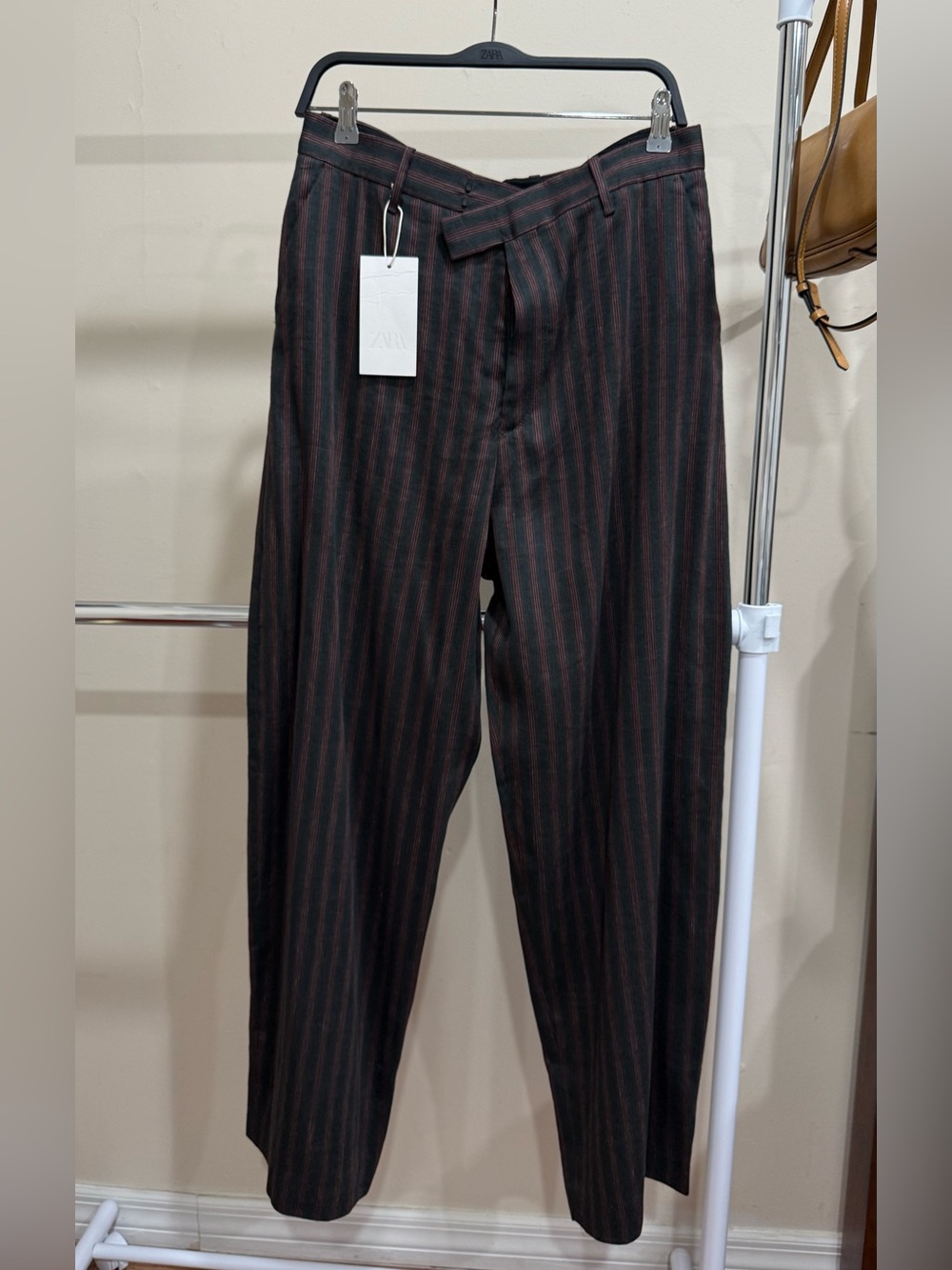 ZARA Striped Tailored Pants Wrap Front Detail Size M NWT